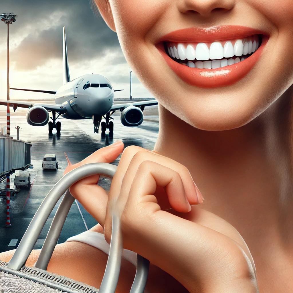 Excited traveler ready for a dental tourism trip, smiling with a confident and beautiful smile, showcasing modern dental care and the excitement of combining travel with dental treatments