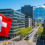 Switzerland Immigration, Jobs, and Housing Switzerland immigration concept shown by a large Swiss flag flying over a modern city with offices, housing, and trams.